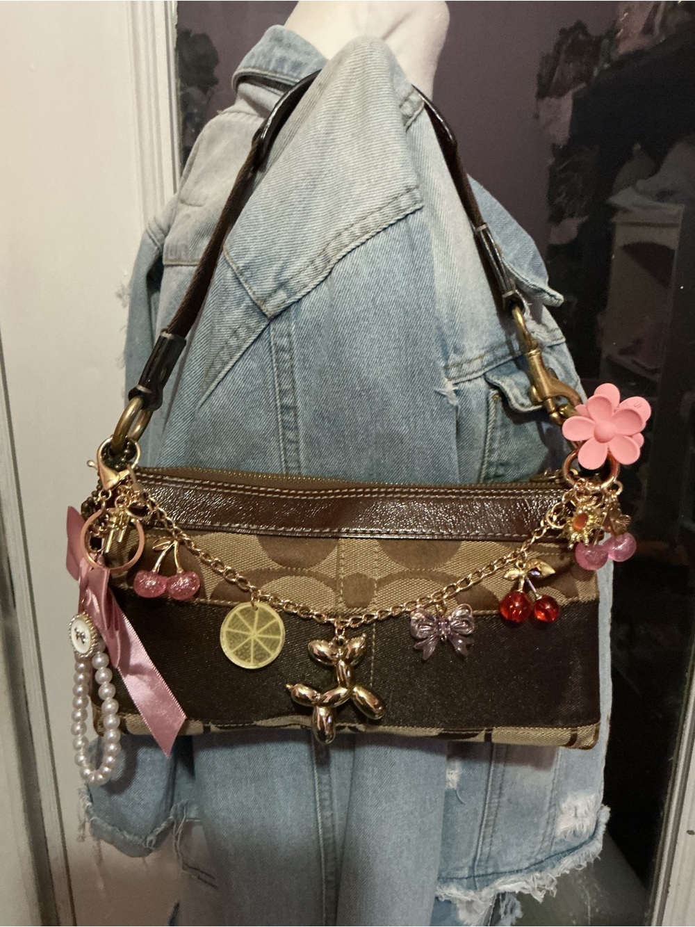 Coach Brown and Pink Charm-Embellished Shoulder Bag